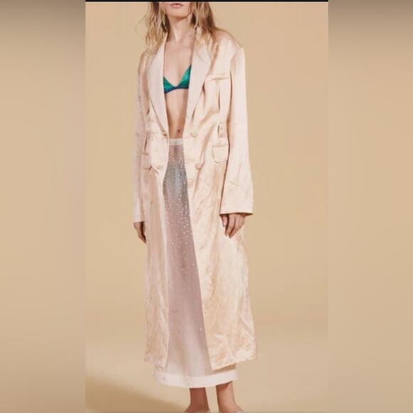 Zara Long Cream Coat Linen Blend Coat with Topstitching, - Picture 8 of 8